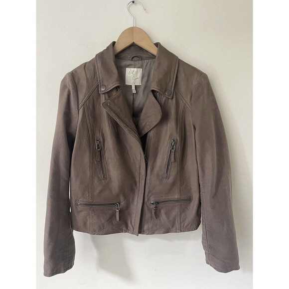 JOIE Womens Supple Lamb Leather Brown Moto Style Jacket Size Large Zip Biker - Picture 1 of 14
